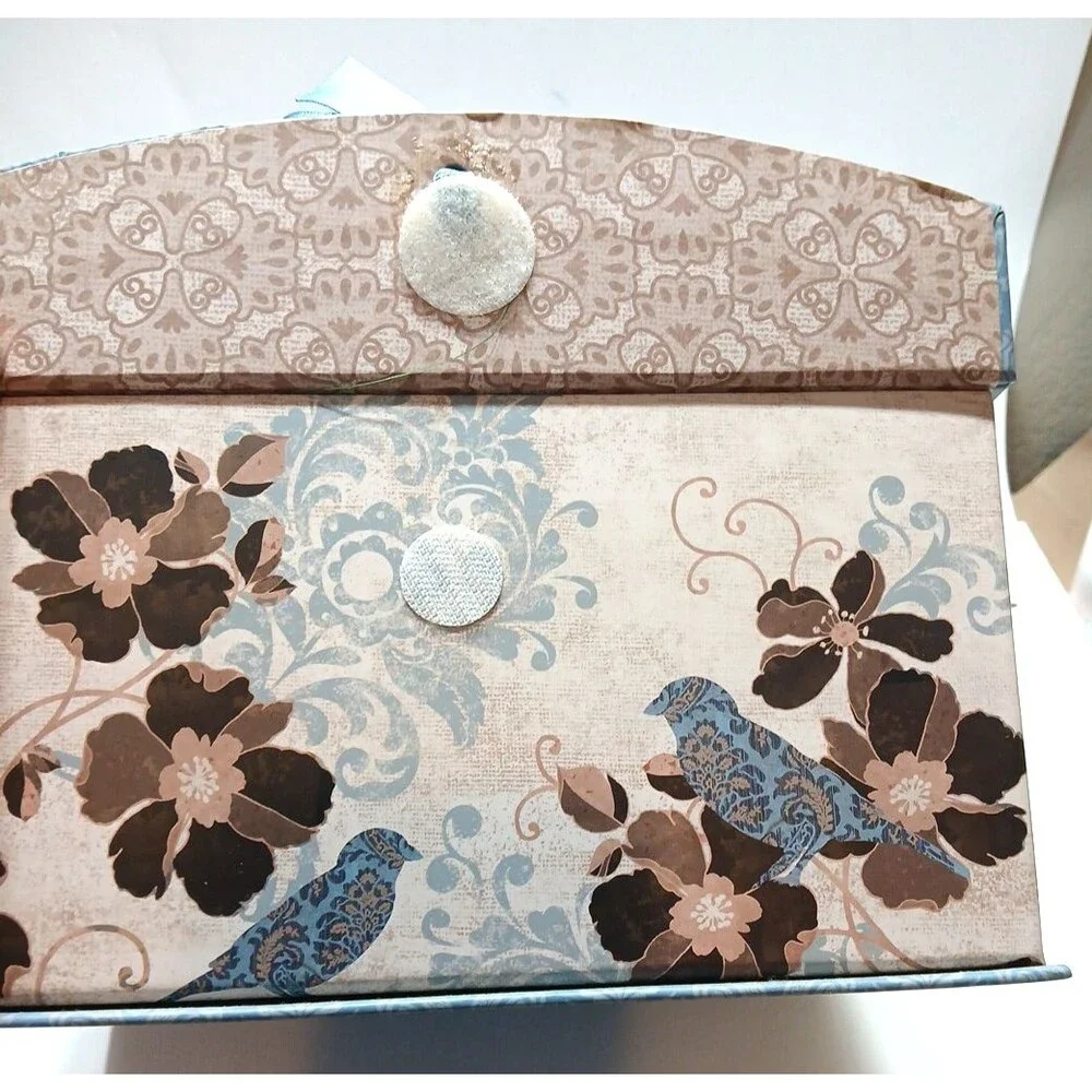 Decorative Gift Box Hook And Loop Closure Blue Bow Birds Florals Cottage